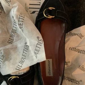 Silhouettes black suede shoes with gold buckle